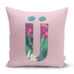 Pembe Zemin Tropik Yapraklı Ü Harfi Özel Tasarım Dijital Baskılı Yastık Kırlent Kılıfı Realhomes