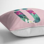 Pembe Zemin Tropik Yapraklı Ü Harfi Özel Tasarım Dijital Baskılı Yastık Kırlent Kılıfı Realhomes