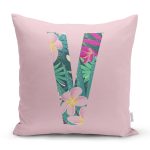 - Rh-K9438-Gorsel1 - Realhomes Pembe Zemin Tropik Yapraklı V Harfi Özel Tasarım Dijital Baskılı Yastık Kırlent Kılıfı Realhomes