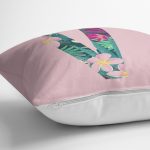 - Rh-K9438-Gorsel3 - Realhomes Pembe Zemin Tropik Yapraklı V Harfi Özel Tasarım Dijital Baskılı Yastık Kırlent Kılıfı Realhomes