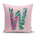 Pembe Zemin Tropik Yapraklı W Harfi Özel Tasarım Dijital Baskılı Yastık Kırlent Kılıfı Realhomes