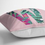 Pembe Zemin Tropik Yapraklı W Harfi Özel Tasarım Dijital Baskılı Yastık Kırlent Kılıfı Realhomes