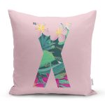 Pembe Zemin Tropik Yapraklı X Harfi Özel Tasarım Dijital Baskılı Yastık Kırlent Kılıfı Realhomes