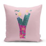 Pembe Zemin Tropik Yapraklı Y Harfi Özel Tasarım Dijital Baskılı Yastık Kırlent Kılıfı Realhomes