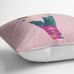 Pembe Zemin Tropik Yapraklı Y Harfi Özel Tasarım Dijital Baskılı Yastık Kırlent Kılıfı Realhomes