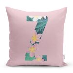 Pembe Zemin Tropik Yapraklı Z Harfi Özel Tasarım Dijital Baskılı Yastık Kırlent Kılıfı Realhomes