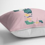 Pembe Zemin Tropik Yapraklı Z Harfi Özel Tasarım Dijital Baskılı Yastık Kırlent Kılıfı Realhomes