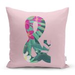 - Rh-K9443-Gorsel1 - Realhomes Pembe Zemin Tropik Yapraklı & Harfi Özel Tasarım Dijital Baskılı Yastık Kırlent Kılıfı Realhomes