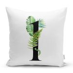 Beyaz Zemin Yaprak Motifli Siyah 1 Rakamı Özel Tasarım Dijital Baskılı Yastık Kırlent Kılıfı Realhomes