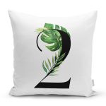 Beyaz Zemin Yaprak Motifli Siyah 2 Rakamı Özel Tasarım Dijital Baskılı Yastık Kırlent Kılıfı Realhomes