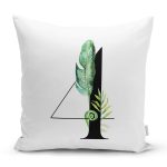 Beyaz Zemin Yaprak Motifli Siyah 4 Rakamı Özel Tasarım Dijital Baskılı Yastık Kırlent Kılıfı Realhomes