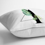 Beyaz Zemin Yaprak Motifli Siyah 4 Rakamı Özel Tasarım Dijital Baskılı Yastık Kırlent Kılıfı Realhomes