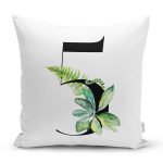 - Rh-K9449-Gorsel1 - Realhomes Beyaz Zemin Yaprak Motifli Siyah 5 Rakamı Özel Tasarım Dijital Baskılı Yastık Kırlent Kılıfı Realhomes