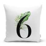 - Rh-K9450-Gorsel1 - Realhomes Beyaz Zemin Yaprak Motifli Siyah 6 Rakamı Özel Tasarım Dijital Baskılı Yastık Kırlent Kılıfı Realhomes