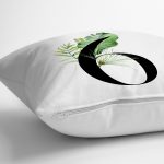 - Rh-K9450-Gorsel3 - Realhomes Beyaz Zemin Yaprak Motifli Siyah 6 Rakamı Özel Tasarım Dijital Baskılı Yastık Kırlent Kılıfı Realhomes