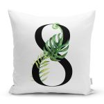 Beyaz Zemin Yaprak Motifli Siyah 8 Rakamı Özel Tasarım Dijital Baskılı Yastık Kırlent Kılıfı Realhomes