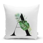 - Rh-K9454-Gorsel1 - Realhomes Beyaz Zemin Yaprak Motifli Siyah A Harfi Özel Tasarım Dijital Baskılı Yastık Kırlent Kılıfı Realhomes