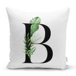 - Rh-K9455-Gorsel1 - Realhomes Beyaz Zemin Yaprak Motifli Siyah B Harfi Özel Tasarım Dijital Baskılı Yastık Kırlent Kılıfı Realhomes