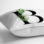 - Rh-K9455-Gorsel3 - Realhomes Beyaz Zemin Yaprak Motifli Siyah B Harfi Özel Tasarım Dijital Baskılı Yastık Kırlent Kılıfı Realhomes