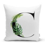 - Rh-K9456-Gorsel1 - Realhomes Beyaz Zemin Yaprak Motifli Siyah C Harfi Özel Tasarım Dijital Baskılı Yastık Kırlent Kılıfı Realhomes