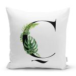 Beyaz Zemin Yaprak Motifli Siyah Ç Harfi Özel Tasarım Dijital Baskılı Yastık Kırlent Kılıfı Realhomes