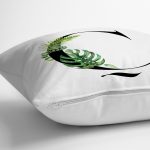 Beyaz Zemin Yaprak Motifli Siyah Ç Harfi Özel Tasarım Dijital Baskılı Yastık Kırlent Kılıfı Realhomes