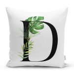 - Rh-K9458-Gorsel1 - Realhomes Beyaz Zemin Yaprak Motifli Siyah D Harfi Özel Tasarım Dijital Baskılı Yastık Kırlent Kılıfı Realhomes