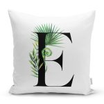 - Rh-K9459-Gorsel1 - Realhomes Beyaz Zemin Yaprak Motifli Siyah E Harfi Özel Tasarım Dijital Baskılı Yastık Kırlent Kılıfı Realhomes