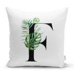 - Rh-K9460-Gorsel1 - Realhomes Beyaz Zemin Yaprak Motifli Siyah F Harfi Özel Tasarım Dijital Baskılı Yastık Kırlent Kılıfı Realhomes