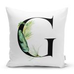 - Rh-K9461-Gorsel1 - Realhomes Beyaz Zemin Yaprak Motifli Siyah G Harfi Özel Tasarım Dijital Baskılı Yastık Kırlent Kılıfı Realhomes