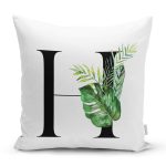 - Rh-K9462-Gorsel1 - Realhomes Beyaz Zemin Yaprak Motifli Siyah H Harfi Özel Tasarım Dijital Baskılı Yastık Kırlent Kılıfı Realhomes