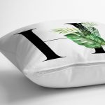 - Rh-K9462-Gorsel3 - Realhomes Beyaz Zemin Yaprak Motifli Siyah H Harfi Özel Tasarım Dijital Baskılı Yastık Kırlent Kılıfı Realhomes
