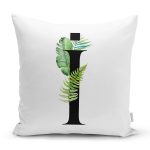 - Rh-K9463-Gorsel1 - Realhomes Beyaz Zemin Yaprak Motifli Siyah İ Harfi Özel Tasarım Dijital Baskılı Yastık Kırlent Kılıfı Realhomes