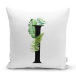 Beyaz Zemin Yaprak Motifli Siyah I Harfi Özel Tasarım Dijital Baskılı Yastık Kırlent Kılıfı Realhomes