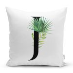 - Rh-K9465-Gorsel1 - Realhomes Beyaz Zemin Yaprak Motifli Siyah J Harfi Özel Tasarım Dijital Baskılı Yastık Kırlent Kılıfı Realhomes