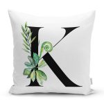- Rh-K9466-Gorsel1 - Realhomes Beyaz Zemin Yaprak Motifli Siyah K Harfi Özel Tasarım Dijital Baskılı Yastık Kırlent Kılıfı Realhomes