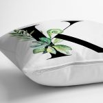 - Rh-K9466-Gorsel3 - Realhomes Beyaz Zemin Yaprak Motifli Siyah K Harfi Özel Tasarım Dijital Baskılı Yastık Kırlent Kılıfı Realhomes