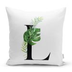 Beyaz Zemin Yaprak Motifli Siyah L Harfi Özel Tasarım Dijital Baskılı Yastık Kırlent Kılıfı Realhomes