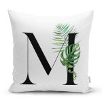 - Rh-K9468-Gorsel1 - Realhomes Beyaz Zemin Yaprak Motifli Siyah M Harfi Özel Tasarım Dijital Baskılı Yastık Kırlent Kılıfı Realhomes