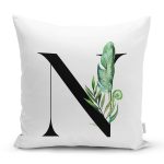 Beyaz Zemin Yaprak Motifli Siyah N Harfi Özel Tasarım Dijital Baskılı Yastık Kırlent Kılıfı Realhomes
