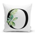 - Rh-K9470-Gorsel1 - Realhomes Beyaz Zemin Yaprak Motifli Siyah O Harfi Özel Tasarım Dijital Baskılı Yastık Kırlent Kılıfı Realhomes