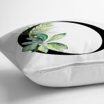 - Rh-K9470-Gorsel3 - Realhomes Beyaz Zemin Yaprak Motifli Siyah O Harfi Özel Tasarım Dijital Baskılı Yastık Kırlent Kılıfı Realhomes