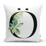 - Rh-K9471-Gorsel1 - Realhomes Beyaz Zemin Yaprak Motifli Siyah Ö Harfi Özel Tasarım Dijital Baskılı Yastık Kırlent Kılıfı Realhomes