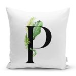 - Rh-K9472-Gorsel1 - Realhomes Beyaz Zemin Yaprak Motifli Siyah P Harfi Özel Tasarım Dijital Baskılı Yastık Kırlent Kılıfı Realhomes