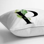 - Rh-K9472-Gorsel3 - Realhomes Beyaz Zemin Yaprak Motifli Siyah P Harfi Özel Tasarım Dijital Baskılı Yastık Kırlent Kılıfı Realhomes