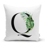 - Rh-K9473-Gorsel1 - Realhomes Beyaz Zemin Yaprak Motifli Siyah Q Harfi Özel Tasarım Dijital Baskılı Yastık Kırlent Kılıfı Realhomes