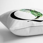 - Rh-K9473-Gorsel3 - Realhomes Beyaz Zemin Yaprak Motifli Siyah Q Harfi Özel Tasarım Dijital Baskılı Yastık Kırlent Kılıfı Realhomes