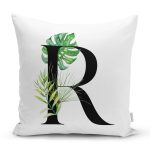 Beyaz Zemin Yaprak Motifli Siyah RHarfi Özel Tasarım Dijital Baskılı Yastık Kırlent Kılıfı Realhomes