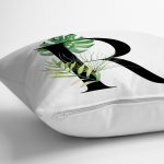 Beyaz Zemin Yaprak Motifli Siyah RHarfi Özel Tasarım Dijital Baskılı Yastık Kırlent Kılıfı Realhomes