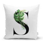 Beyaz Zemin Yaprak Motifli Siyah S Harfi Özel Tasarım Dijital Baskılı Yastık Kırlent Kılıfı Realhomes